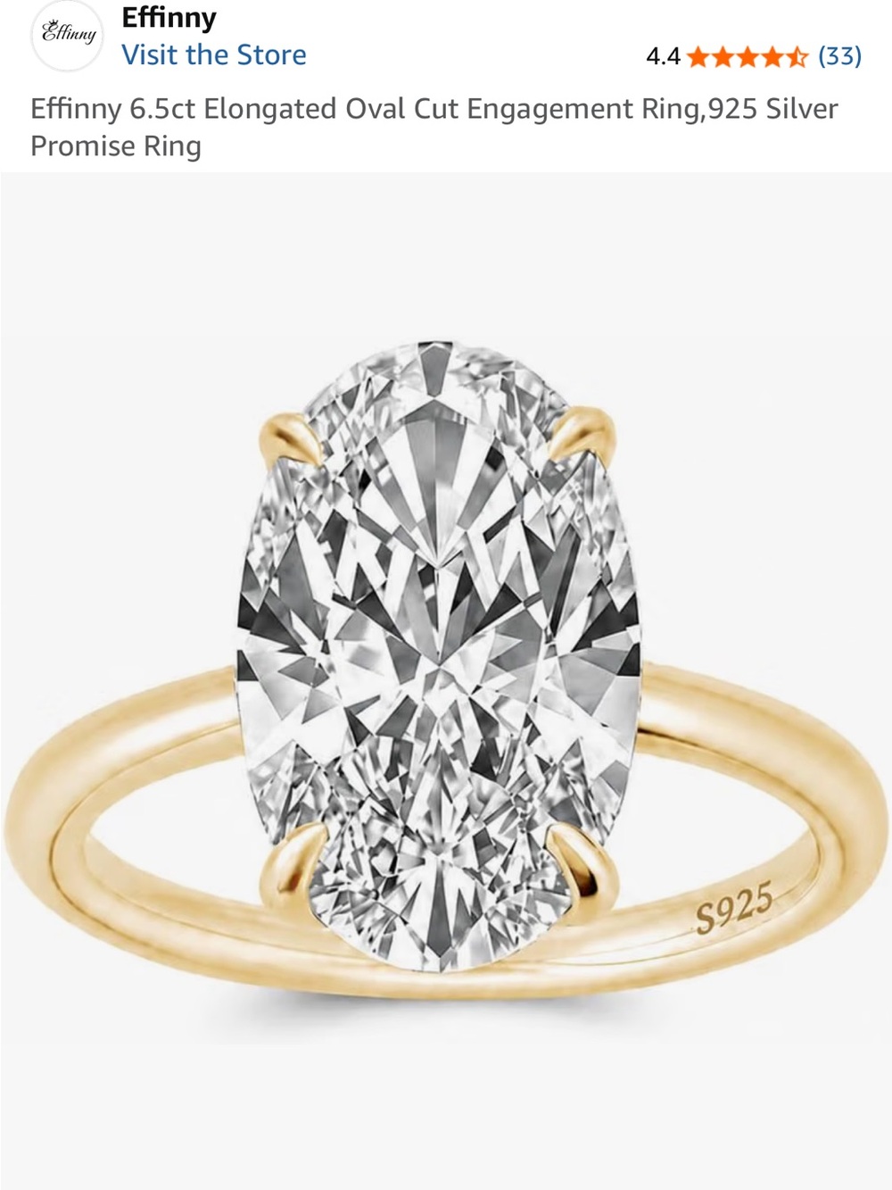 Effinny 6.5ct Elongated Oval Cut Silver Promise Ring in Gold size 6